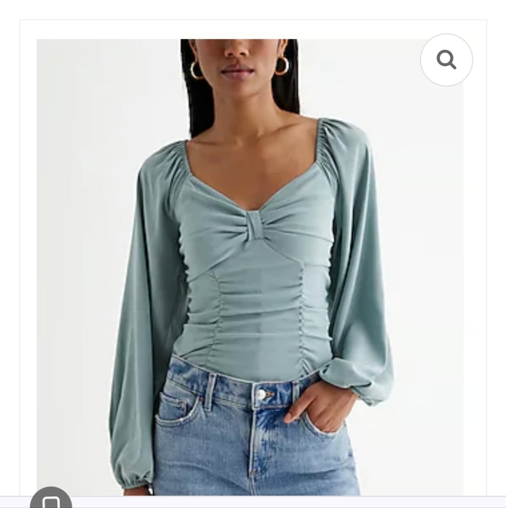 Express Sweetheart Neckline Balloon Sleeve Ruched Bodysuit Silver Blue Sz Small